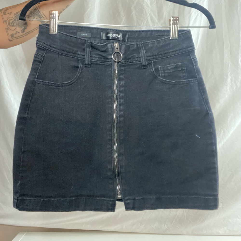 Black denim zip up mini skirt